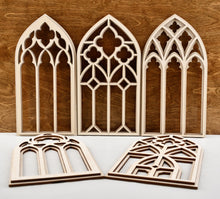 Load image into Gallery viewer, Cathedral Windows, Church windows, Vintage look wood window frames, BoHo Decor, Antique finish window frames, Gothic Window frame, Minimalist decor