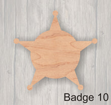 Load image into Gallery viewer, Badges. Unfinished wood cutout. Wood cutout. Laser Cutout. Wood Sign. Sign blank. Ready to paint. Door Hanger.