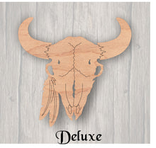 Load image into Gallery viewer, Buffalo Skull. Unfinished wood cutout. Wood cutout. Laser Cutout. Wood Sign. Sign blank. Ready to paint. Door Hanger.