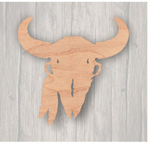 Load image into Gallery viewer, Buffalo Skull. Unfinished wood cutout. Wood cutout. Laser Cutout. Wood Sign. Sign blank. Ready to paint. Door Hanger.