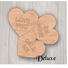 Load image into Gallery viewer, Candy Hearts. Unfinished wood cutout. Wood cutout. Laser Cutout. Wood Sign. Sign blank. Ready to paint. Door Hanger.