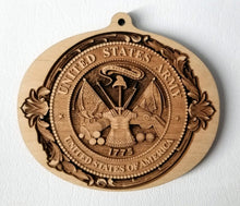 Load image into Gallery viewer, Wooden Ornaments. Army Insignia Ornament Wood 3D US Army Crest Laser Engraved Laser Cut Army ornament