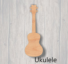 Load image into Gallery viewer, Music Instruments. Unfinished wood cutout.  Wood cutout.  Wood Sign. Door Hanger. Banjo. Bass Guitar. Ukulele. Viola. Violin
