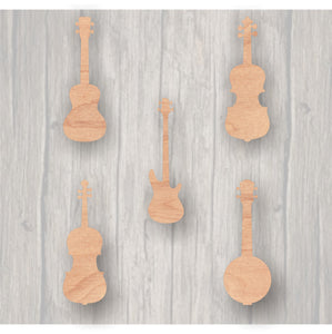 Music Instruments. Unfinished wood cutout.  Wood cutout.  Wood Sign. Door Hanger. Banjo. Bass Guitar. Ukulele. Viola. Violin