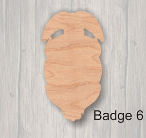 Badges.  Unfinished wood cutout.  Wood cutout. Laser Cutout. Wood Sign. Sign blank. Ready to paint. Door Hanger.