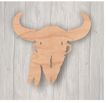 Load image into Gallery viewer, Buffalo Skull.  Unfinished wood cutout.  Wood cutout. Laser Cutout. Wood Sign. Sign blank. Ready to paint. Door Hanger.
