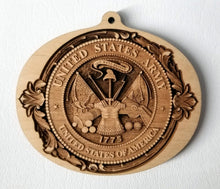 Load image into Gallery viewer, Wooden Ornaments. Army Insignia Ornament Wood 3D US Army Crest Laser Engraved Laser Cut Army ornament
