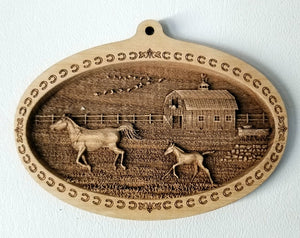 3D Wooden Ornament Running Horses Barn Laser Engraved horse ornament Mare and foal ornament