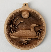 Load image into Gallery viewer, 3D Wooden Loon Ornament Loon on the lake Laser Engraved northwoods ornament
