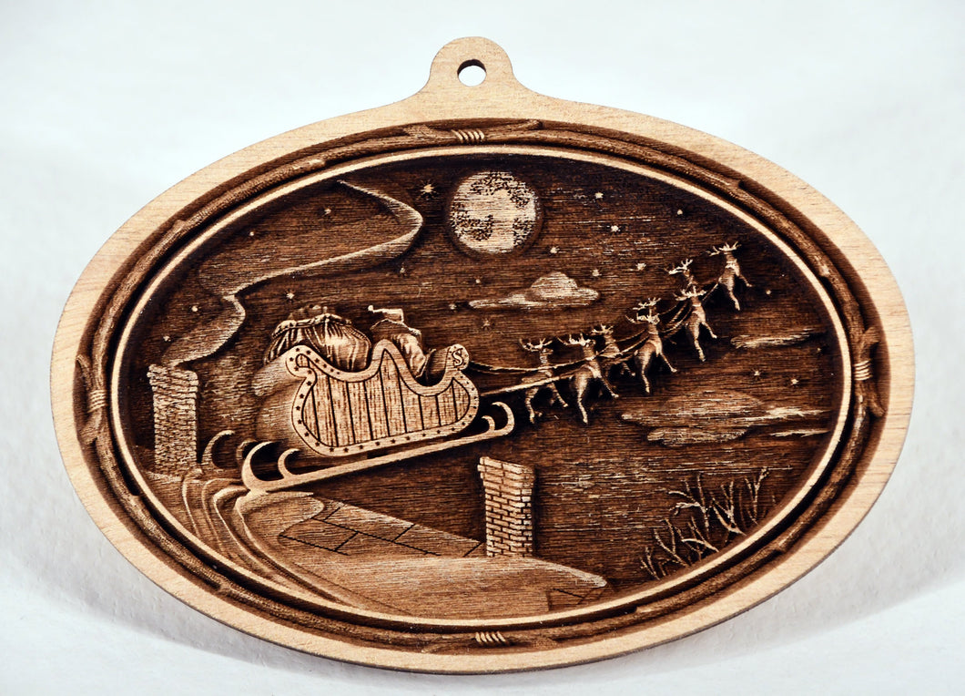 Santa Sleigh Ornament. 3D Wooden Ornament. Laser Engraved.  Unfinished Wood. Laser Engraved. Christmas Decoration. Wreath Accent