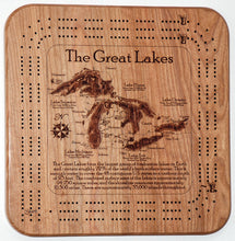 Load image into Gallery viewer, Great Lakes, 3 Player Cribbage Board, 3D, Solid Cherry, FREE SHIPPING, High quality pegs, Laser engraved depth
