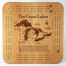 Load image into Gallery viewer, Great Lakes, 3 Player Cribbage Board, 3D, Solid Cherry, FREE SHIPPING, High quality pegs, Laser engraved depth
